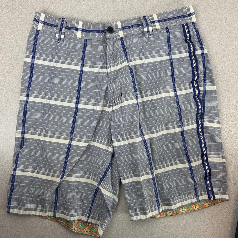 Robert‎ Graham Shorts Mens 32 Blue Gray Plaid Chino Flat Front 9 Inseam Casual